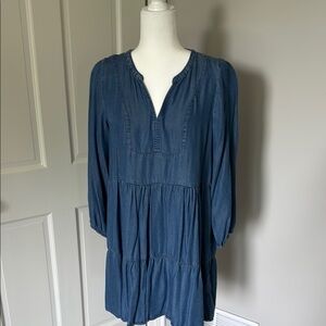 Blue Tunic Dress with Tiered Design and 3/4 Sleeves